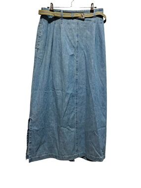 Vintage Nancy Bolen Plus for City Girl Blue Denim Belted Maxi Skirt Size 16W